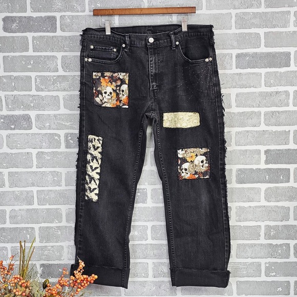 Upcycled Levi's Jeans Skull Patchwork Halloween Goth Grunge 36x28 Festival Denim - Picture 1 of 11